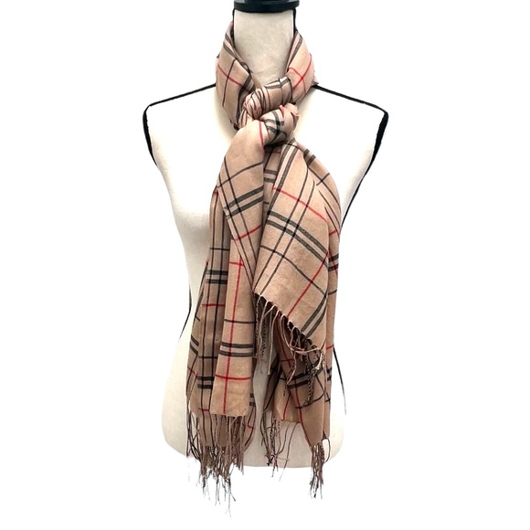 TAN, BLACK & RED PLAID CHECK PASHMINA SCARF WRAP - Picture 1 of 12